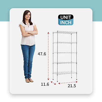 BestOffice | 5-Tier Wire Shelf with Wheels | 21.5" x 11.6" x 47.6" | Chrome - color: Chrome, size: 21.5L x 11.6W x 47.6H