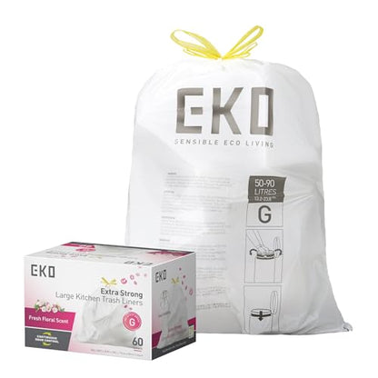 EKO 21 Gallon / 50-90 Liter, 60 Count Drawstring Trash Bags, Extra-Strong Garbage Bags, Fresh Floral Scent with Continuous Odor Control, Easy-Dispense Roll for Kitchen and Household Use, Code G, White - size: 60 Count (Pack of 1), style: 21 Gallon Bags/Co