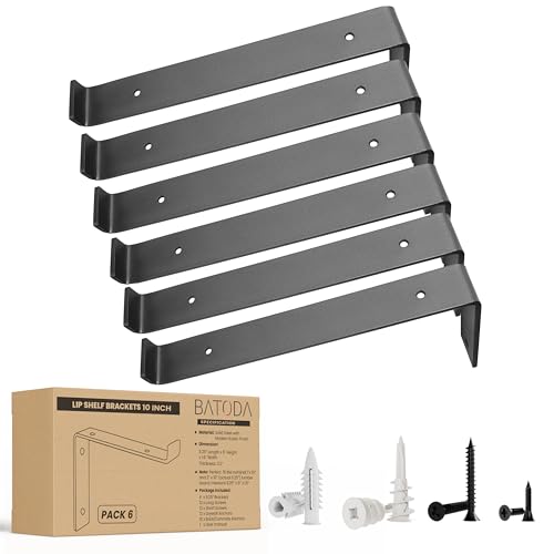 BATODA 10” Shelf Brackets with Lip (Match 9.25" Board) - 6 Pcs Z Shelf Bracket Black - Heavy Duty Hook Brackets for Shelves - Wall Mounted Support for DIY - Shelving Hardware Included (Pack 6) - size: 9.25 Inch