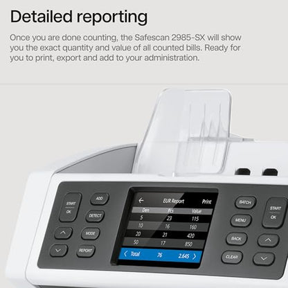 Safescan 2985-SX Money Counter Machine with Counterfeit Detection, Multi-Currency, Mixed Denomination, Bank Quality, High-Speed Counts and Sorts 1,200 Bills per Minute, 7 Point Counterfeit Check - size: 2985-SX