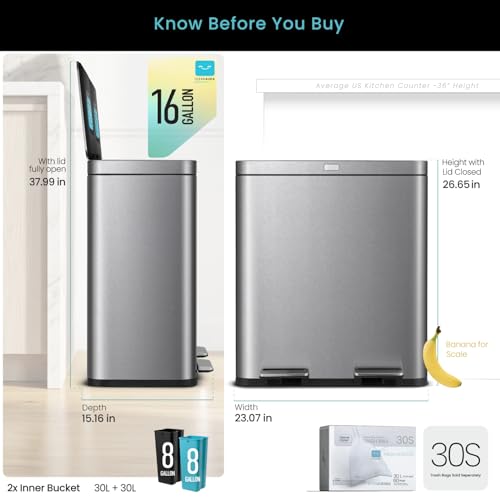 Home Zone Living 16 Gallon Kitchen Trash Can with Dual Compartments - color: Silver, size: 16 Gallon