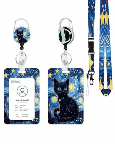 Vertical ID Badge Holder with Detachable Lanyard - Art Black Cat - color: Art Black Cat