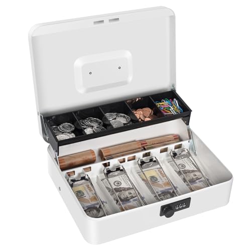 Cash Box with Money Tray and Combination Lock, Metal Money Box for Cash Register, Tiered Lock Box for Money 11.8" x 9.4" x 3.54" White - color: White with Combination Lock