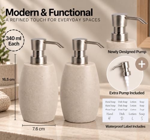 Clasin Home Sandstone Textured Resin Soap Dispenser with Metallic Pump and Waterproof Bottle Labels for Bathroom Kitchen Dish Hand Wash Shower Lotion Shampoo, 12 Oz, 2 Sets Beige - color: Natural Beige_2 Pcs