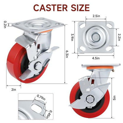 5 Inch Heavy Duty Caster Wheels Set of 4，Load 4000Lbs(2Side Brake&2Swivel) - color: 2Side Brake & 2 Swivel, size: 5 inch