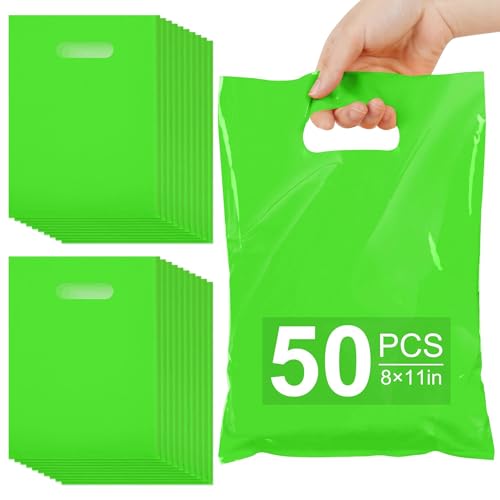 VieFantaisie 50 PCS Green Party Favor Bags, 8" x 11" Goodie Bags for Candy Treat Craft Easter Egg, Plastic Gift Bag with Die Cut Handles for Birthday Party, School Events & Small Business, Wedding - color: Green-50PCS-8x11Inch