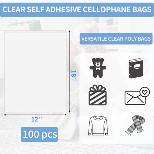 100 Pack 12x18" Clear Cellophane Bags for Shirts, Gift Wrapping, Artwork - size: 12x18 Inch