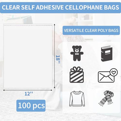 100 Pack 12x18" Clear Cellophane Bags for Shirts, Gift Wrapping, Artwork - size: 12x18 Inch