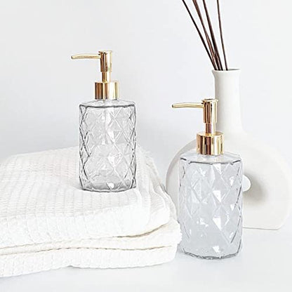 Clear Glass Soap Dispenser with Gold Plastic Pump, 2 Pack 12oz Diamond Hand Soap Dispenser, Refillable Lotion Dispenser & Dish Bathroom Dispenser for Liquid, Shower Gel - color: Crystal Clear
