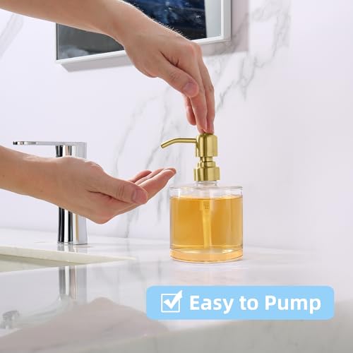 Clear Glass Soap Dispenser with Rust Proof Stainless Steel Pump, Gold Refillable Liquid Hand Soap Dispenser for Bathroom, Kitchen (11Oz, Round) - color: Gold, size: 11 oz Round