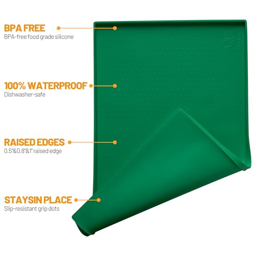 Hubulk Dog Feeding Mat,100% Waterproof Food Grade Silicone Pet Food and Water Bowl Placemat,Dishwasher, High Raised Edge to Prevent Spills,Nonslip Tray to Stop Messes on Floor（24"x16"x0.5",Hunter ） - color: Hunter green, size: 24"l X 16"w