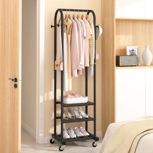 Kaitiemoo Clothing Rack, Mobile Garment Rack with Wheels & 3 Shelves, Blak - color: Black