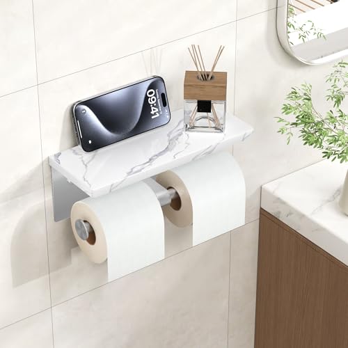 FORIOUS Double Marble Toilet Paper Holder with Phone Shelf, Commercial - color: Brushed Nickel, size: Double Roll