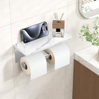 FORIOUS Double Marble Toilet Paper Holder with Phone Shelf, Commercial - color: Brushed Nickel, size: Double Roll