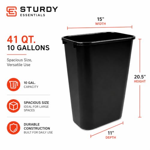 10 Gallon Black Wastebasket Under Desk Plastic Trash Can | 2 PACK - size: 10.5 Gallon