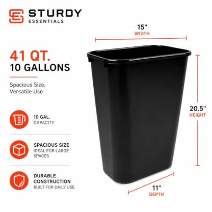 10 Gallon Black Wastebasket Under Desk Plastic Trash Can | 2 PACK - size: 10.5 Gallon