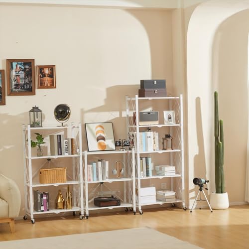 DEANIC 4 Tier Foldable Storage Shelves with Wheels, Large Capacity Shelving Unit, Freestanding Metal Wire Shelf Rack, No Assembly Organizer Rack for Garage Kitchen, Basement, Pantry(White) - color: White
