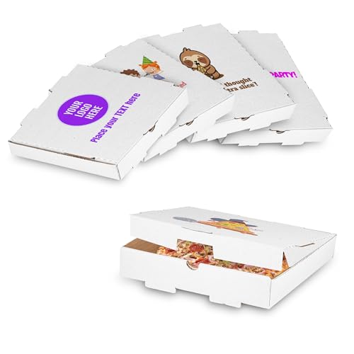 MT Products White Custom Printed Pizza Boxes with logo - 10 x 10 x 1.75 Corrugated Cardboard - color: Custom Printed - White