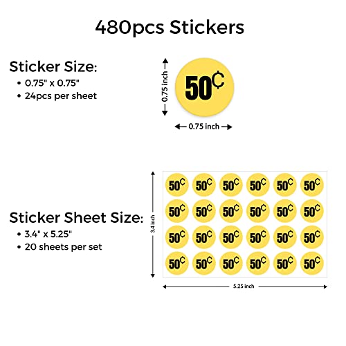 Mobiusea Creation 480pcs 50 Cent Price Stickers Price Tag Labels 3/4" - size: 50 Cents | 480pcs