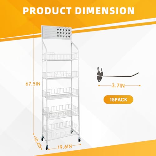 5 Tier Snack Rack Display Stand - Retail Display Shelves with Top Pegboard, 15 Hooks, Bakery Display Rack on Wheels for Easy Mobility and Organization (White) - color: White