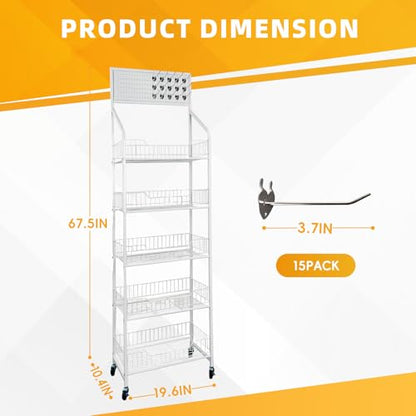 5 Tier Snack Rack Display Stand - Retail Display Shelves with Top Pegboard, 15 Hooks, Bakery Display Rack on Wheels for Easy Mobility and Organization (White) - color: White