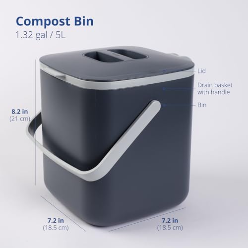 Blue Ginkgo Kitchen Compost Bin, 5L Countertop Compost Bin, Dark Grey - color: Gray, size: 1.32 gal / 5 L