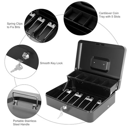 Cash Box with Money Tray and Lock, Metal Money Box for Cash Register, Large Cash Lock Box for Money Safe Includes 5 Slots Coin Tray, 4 Bill Slots, 4 Keys, 11.8" x 9.4" x 3.54" Black - color: Black with 4 Keys