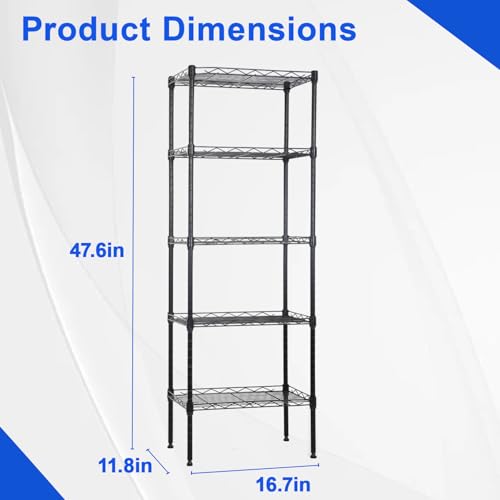 FDW | 5-Tier Wire Shelf | 17" x 12" x 48" | Black - color: Black, size: 5-Shelf Small No Wheels