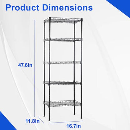 FDW | 5-Tier Wire Shelf | 17" x 12" x 48" | Black - color: Black, size: 5-Shelf Small No Wheels