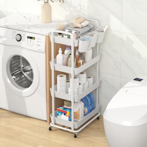 JIUYOTREE 4-Tier Plastic Rolling Storage Cart Utility Cart White - color: White, size: 4-Tier