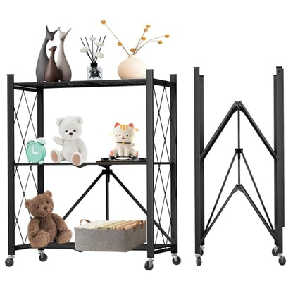 3 Tier Foldable Storage Shelf with Wheels Garage Shelving - color: Black, size: 3 Tier