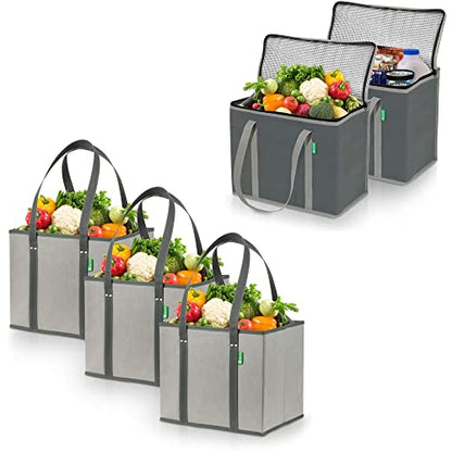 Creative Green Life Ultimate Shopping Bag 5-Pack – Reusable Grocery Box Bags (3) – Insulated Grocery Bags (2) – Premium Quality, Heavy Duty Tote Bag Set