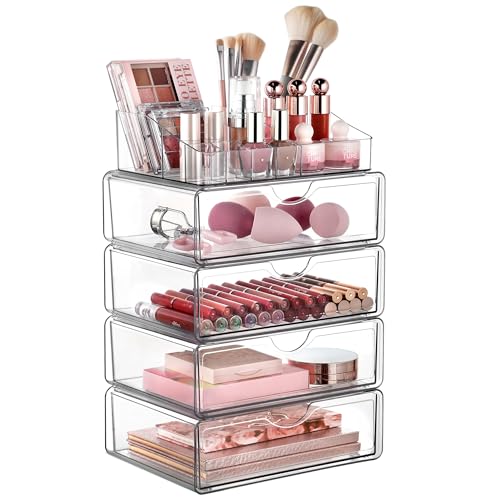 Vtopmart 5 Tier Clear Plastic Makeup Organizer with 4 Drawers - style: 5 Tier