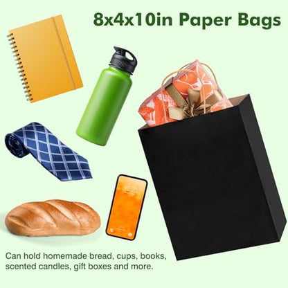 OUTUXED 150pcs Black Paper Bags with Handles, 8x4x10 Gift Bags with Handles - color: Black 8x4x10in, size: 1 Count (Pack of 150)
