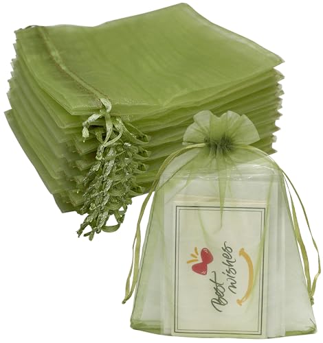 Jexila 100 Olive Green Organza Gift Bags 5X7 In Drawstring Mesh Favor Pouch - color: Olive Green