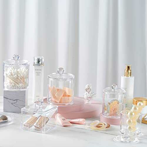 SheeChung 3 PCS Qtip Holder Bathroom Set with Tray, Acrylic Apothecary Jars - color: Clear
