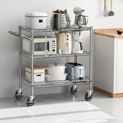 1050Lbs Heavy Duty 3 Tier Rolling Utility Metal Storage Cart with Wheels - color: Silver（18d X 36w X 32h, 1050lb）