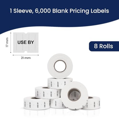 Perco 2 Line USE BY Labels - 6,000 Blank Date Gun Labels for Perco 2 Line Date Guns - 8 Rolls, 1 Sleeve - Made in USA - size: 1 Sleeve, style: USE BY