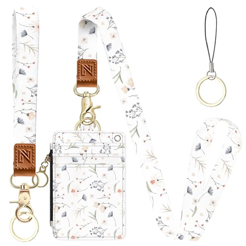 2-in-1 ID Badge Holder & Lanyard Wallet，Cute Zippered Pouch White Flowers - color: White Flowers