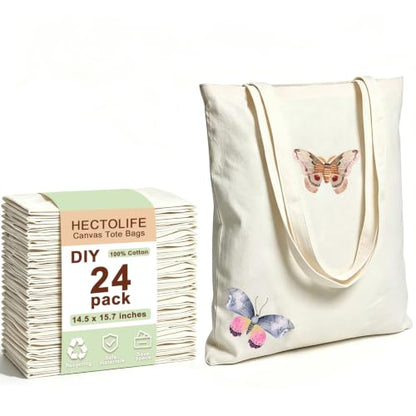 HECTOLIFE 6/12/24/48/ 96 Pack Canvas Tote Bags,Reusable Blank Canvas for Shopping Bags
