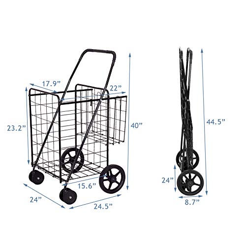 Happygrill Folding Shopping Grocery Cart Metal Rolling Cart with Double Basket Non-Slip Handle and Swivel Wheels, Light Weight Utility Cart for Laundry Book Luggage Travel