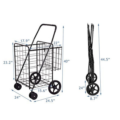 Happygrill Folding Shopping Grocery Cart Metal Rolling Cart with Double Basket Non-Slip Handle and Swivel Wheels, Light Weight Utility Cart for Laundry Book Luggage Travel