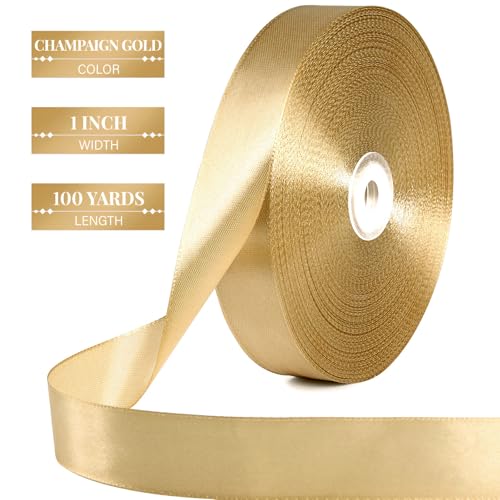 Champagne Gold Satin Ribbon 1 Inch x 100 Yards - color: Champagne Gold
