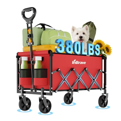 Collapsible Wagon Cart with All-Terrain Wheels, 380LBS, Red - color: Red