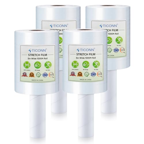 TICONN Stretch Wrap Roll, 5 in x 1000 ft Plastic Wrap for Moving Furniture - style: 5''-4PK