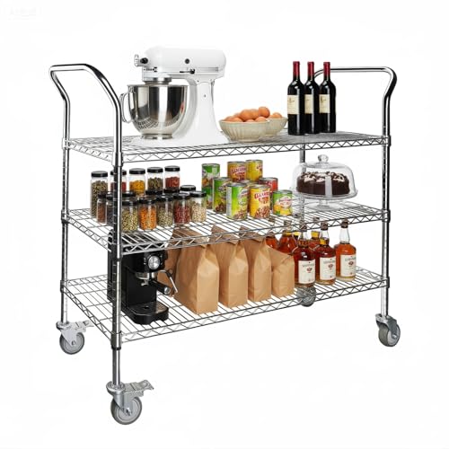 Northsky 3-Shelf Wire Utility Cart on Wheels, Chrome Finish Rolling Metal Shelving with Wheels, 550lb Capacity, 47" x 18" x 44.1", 3 Tier Rolling Cart for Kitchen Bar Storage Use - size: 47