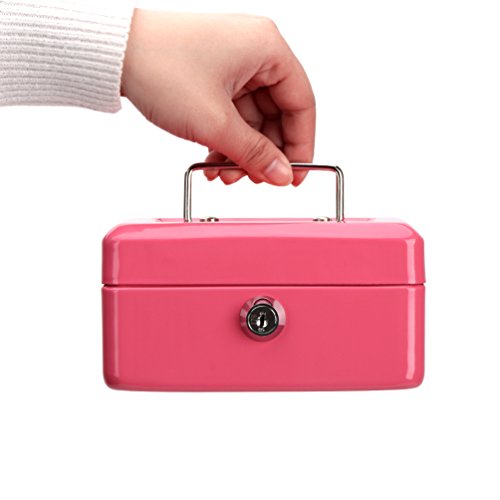 Cash Box with Money Tray, Parrency Small Money Box with Key Lock, 6" x 4 4/5" x 3", Pink - color: Pink, size: Small（5.9")