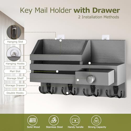 Key Holder Wall Mount, Wooden Key and Mail Organizer, Gray - color: Gray