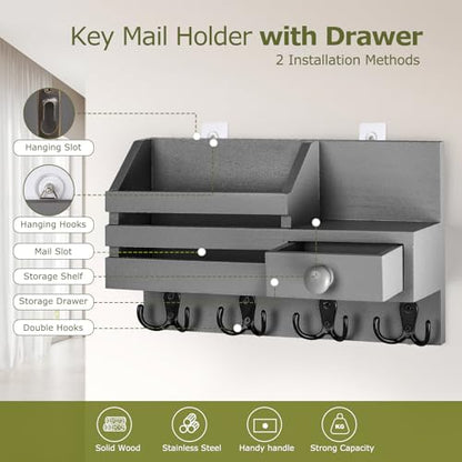 Key Holder Wall Mount, Wooden Key and Mail Organizer, Gray - color: Gray
