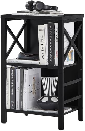 MNEETRUNG Small Bookshelf,3 Tier Industrial Bookcase with Metal Frame and Backboard,Low Black Book Shelf,Book case for Small Spaces,Living Room,Bedroom and Home Office - color: Black, size: 3-Tier (15.7"W x 11.8"D x 27.6"H)